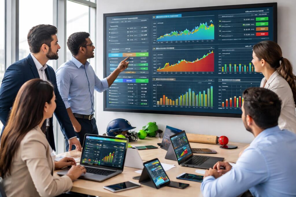 A group of professionals in a meeting room analyze charts and graphs on a large wall-mounted screen, with laptops and tablets on the table displaying additional data insights.