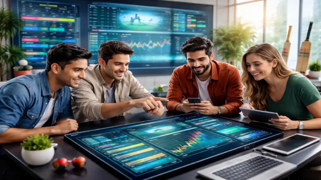 A group of young professionals gathered around a large interactive table display, analyzing sports data and charts while using smartphones and a tablet, with additional dashboards visible on a screen in the background.