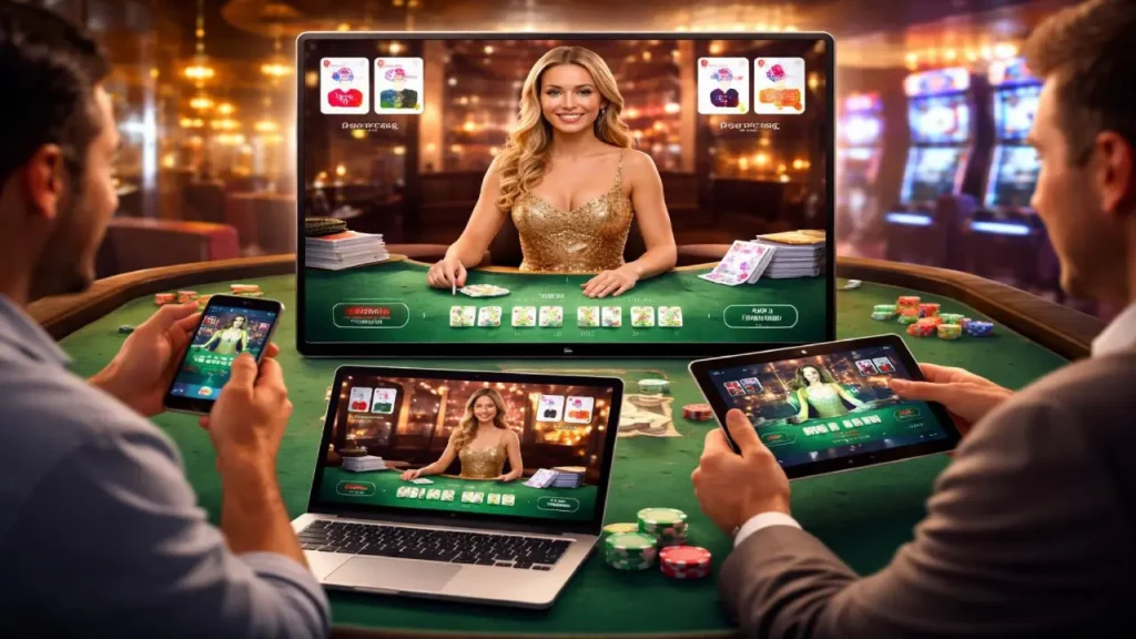 Two people play a live dealer casino game on a laptop, tablet, and smartphone, with a dealer on screen and poker chips on the table, in a casino-style setting.