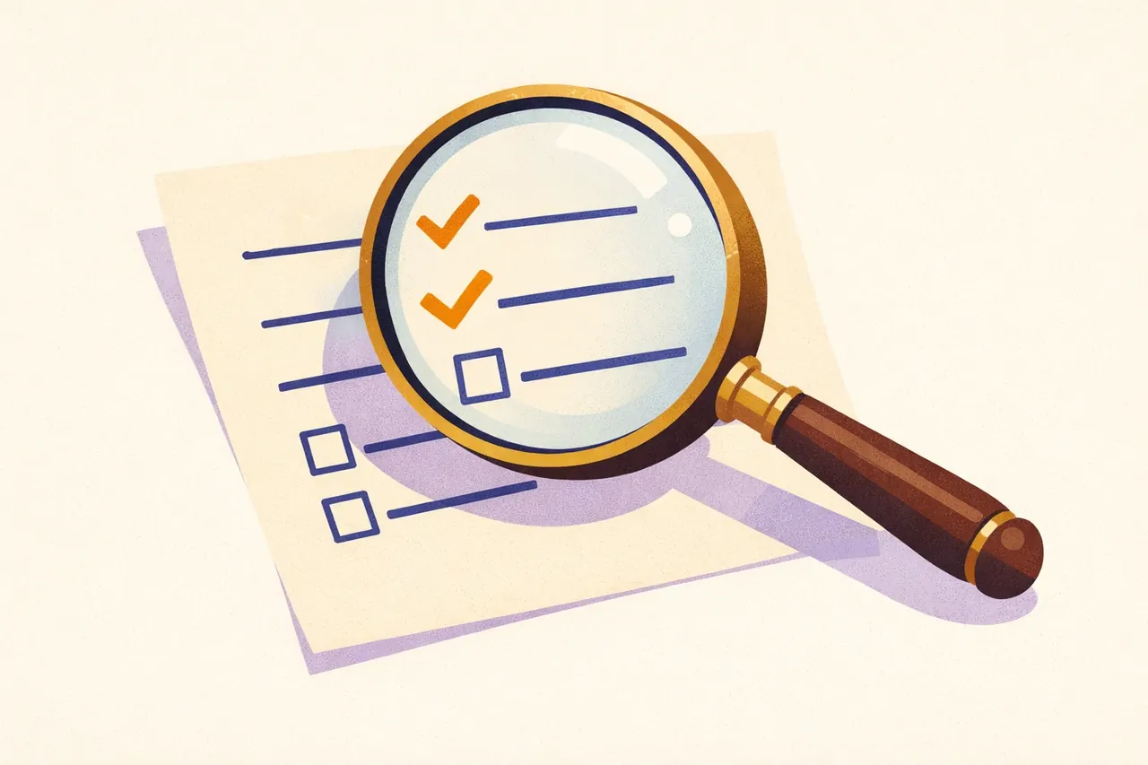 A large magnifying glass hovering over a paper checklist, illustrating the pre-deposit checks a reader should run at any gambling site free from ROFUS